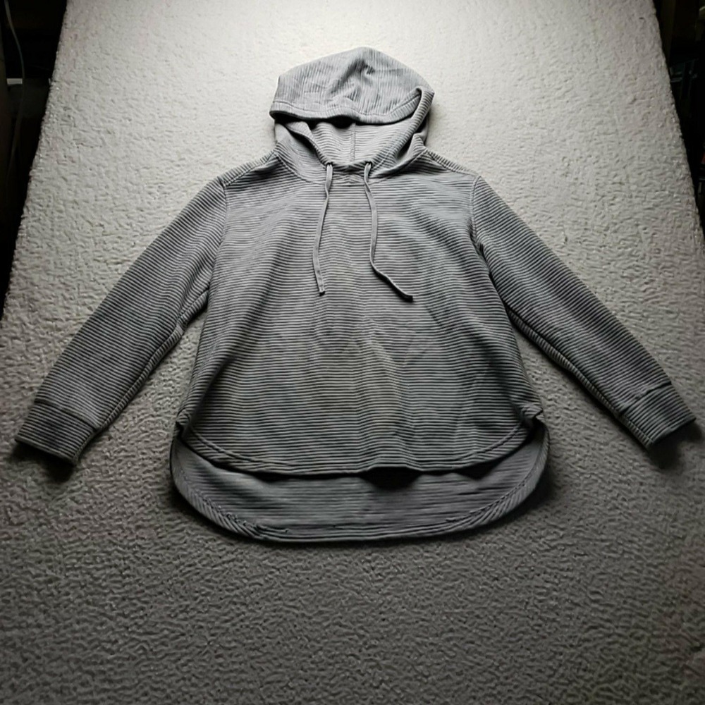 Jane & Delancey Hoodie Womens XL Gray Stripe Knit Pullover Hi Low Hem Casual